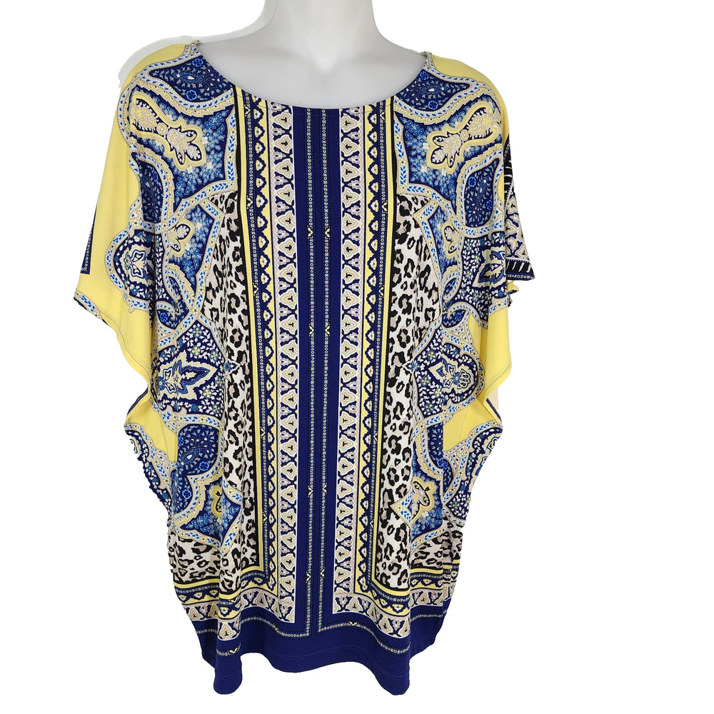 Chico's Womens Blouse Size 2 Large Blue Yellow Pullover Bat Wing Animal Print